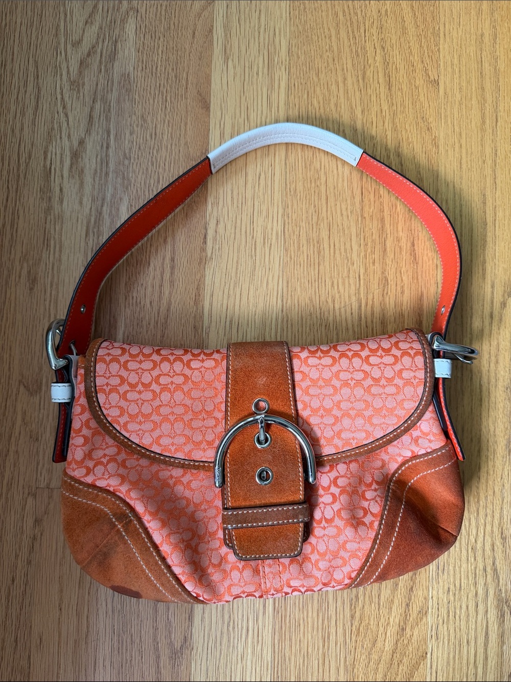 Rare Y2K Coach Orange and White Signature Shoulder Bag with Suede Trim